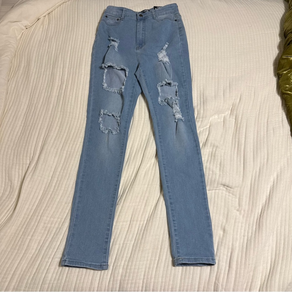 Fashion Nova Light Blue Distressed Skinny Jeans